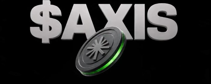 A 3D graphic displaying the text '$AXIS' in large silver letters next to a dark metallic coin with a starburst emblem and glowing green edge.