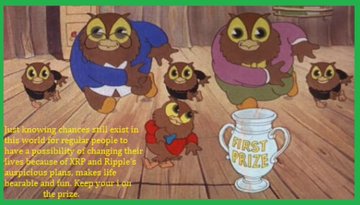 An animated scene features four anthropomorphic brown owl characters dancing around a red bird wearing boxing gloves, with a white "FIRST PRIZE" trophy displayed prominently on a wooden floor. The caption reads, "Let's blowing chances rally exist in the wonderful worlds of crypto world is possessing, of changing that lives because of XRP and Ripple's auspicious plans, make life bearable and fun. Keep your I on the prize."

The image relates to the post thematically through its whimsical celebration of victories and milestones, using the "FIRST PRIZE" trophy as a metaphor for achieving the top market cap win, much like Spain's World Cup victory or Thanos's triumph referenced in the text.