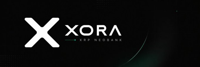 A logo banner on a black background displaying a large white 'X' next to the text 'XORA' and the tagline 'XRP NEOBANK' in white and teal lettering.