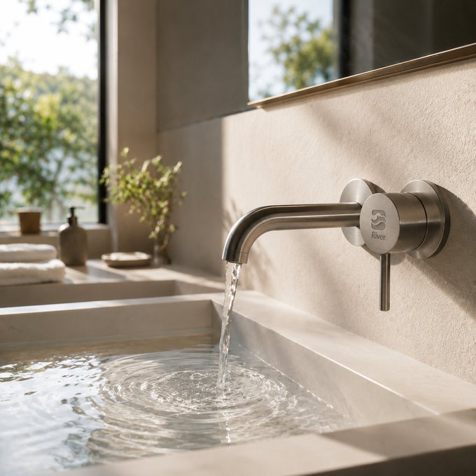A modern brushed nickel wall-mounted bathroom faucet with 'River' branding flowing water into a concrete sink, with a bright window and plants in the background.