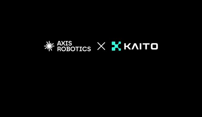 The image displays a collaboration graphic featuring the "AXIS ROBOTICS" logo on the left with its starburst emblem, an "X" in the center, and the "KAITO" logo on the right in teal and white, all set against a black background. This branding visual represents the partnership between Axis Robotics and Kaito Studio, whose platform is powering the Epoch 2 campaign highlighted in the post.
