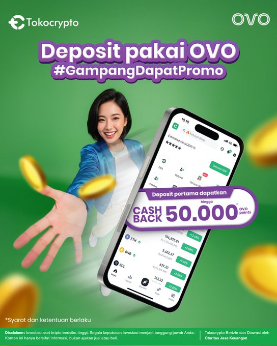 A smiling young woman in a blue blazer holds out glowing gold coins next to a smartphone displaying the Tokocrypto app, promoting an OVO deposit promotion offering up to 50,000 OVO Points cashback for new OVO NABUNG users depositing a minimum of Rp1 million between October 1-30, 2026.