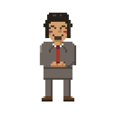A pixel art character of a man with black hair wearing a gray suit and red tie, standing with hands clasped.