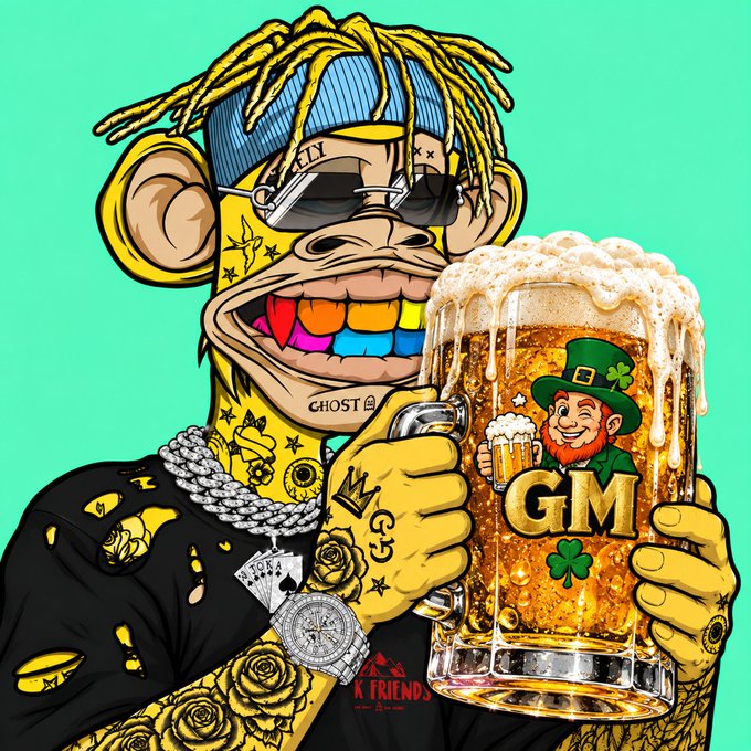 A cartoon illustration of a Bored Ape-style monkey character wearing sunglasses and holding a foaming mug of beer with a 'GM' label and a leprechaun graphic.