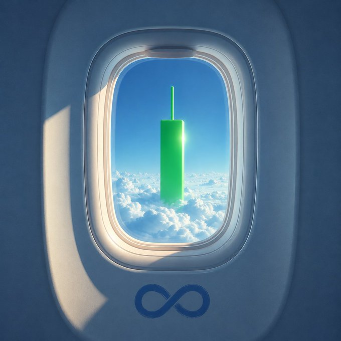 An airplane window reveals a view of clouds and a blue sky, with a green upward-pointing arrow shape rising into the heavens, symbolizing growth and rising opportunities, while a blue infinity symbol below reinforces the theme of endless possibilities—aligning with MEXC's message of boarding toward "Infinite Opportunities."