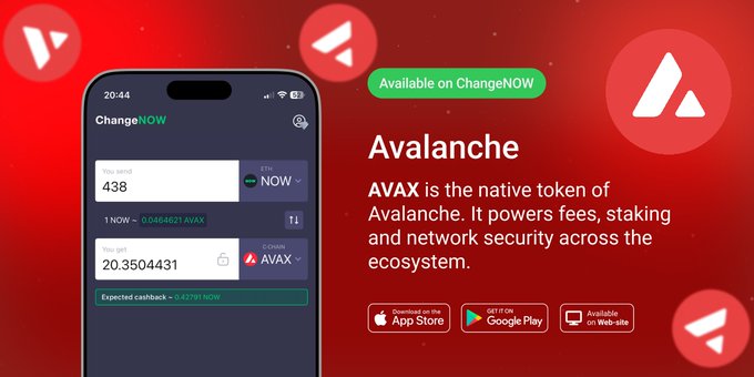 The image shows a cell phone displaying an app called "AVAX" with a red background, white text, and several icons related to cryptocurrency. The app appears to be available for download now. The surrounding text indicates that this app is specifically designed for Avalanche, which is a layer 1 platform used for apps, assets, and custom L1 blockchains. It powers fees, staking, and network security across the Avalanche ecosystem.