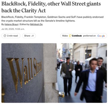 A Cointelegraph article headline reads "BlackRock, Fidelity, other Wall Street giants back the Clarity Act," featuring a photo of pedestrians walking past a Wall Street sign, illustrating the news that major financial institutions like BlackRock, Fidelity, Franklin Templeton, and Goldman Sachs are supporting the crypto market structure bill.