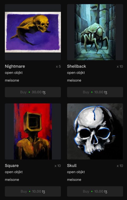 Digital marketplace listings for horror-themed open objkt NFTs including Nightmare (30.00 tɣ), Shellback (10.00 tɣ), Square (10.00 tɣ), and Skull (10.00 tɣ).