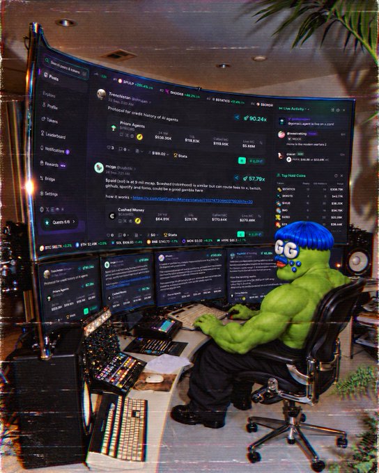 An AI-generated image depicts a green, muscular figure with blue "GG" hair and glasses sitting at a multi-monitor trading setup, with screens displaying cryptocurrency dashboards for assets including BTC, ETH, SOL, PEPE, and SHIB.