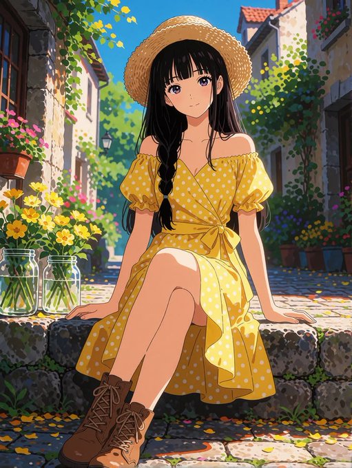 An anime-style illustration depicts a young woman with long black hair and a straw hat, wearing a yellow polka-dot off-the-shoulder dress and brown boots, sitting on a stone ledge in a charming, sunlit village street.