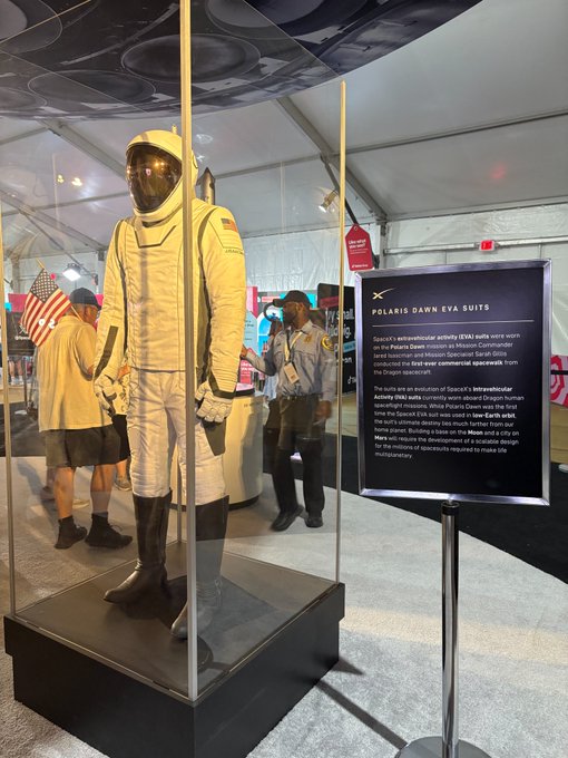 A white spacesuit is displayed in a glass case at an exhibition, accompanied by a placard reading "POLARIS DAWN EVA SUITS" with descriptive text about SpaceX's extravehicular activity suits.