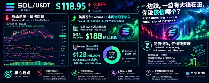 Financial dashboard analyzing SOL/USDT cryptocurrency trading, showing a price of $118.95 (-2.09%) with short-term pressure analysis, noting a $188 million net inflow into U.S. Spot Solana ETFs and Bitwise leading with $128 million.