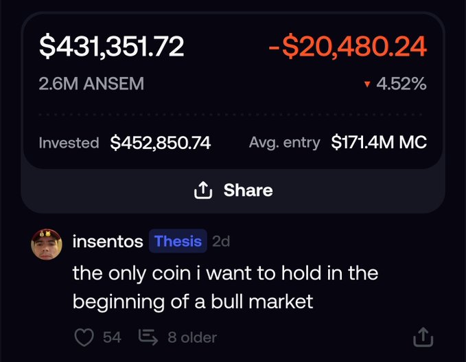 Cryptocurrency portfolio display showing ANSEM token at $431,351.72 with a -$20,480.24 (4.52%) loss, paired with a social post from 'insentos' calling it 'the only coin i want to hold in the beginning of a bull market'.