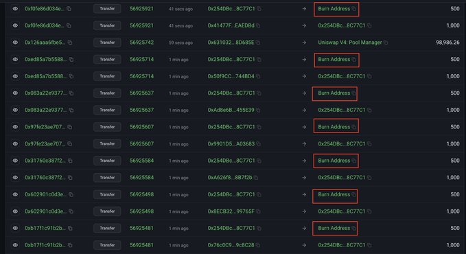 The image shows a blockchain transaction history on Etherscan, displaying multiple transfers from various addresses to a "Burn Address" (0x254Db...8C77C1), with amounts ranging from 500 to 1,000 tokens per transaction, suggesting a deflationary token mechanism consistent with the post about a new ponzi scheme with burn dynamics from the EmblemVault team.