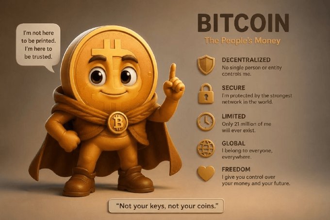 An infographic titled 'BITCOIN: The People's Money' featuring a 3D cartoon Bitcoin character with a speech bubble saying 'I'm not here to be printed. I'm here to be trusted,' alongside attributes like Decentralized, Secure, Limited, Global, and Freedom.