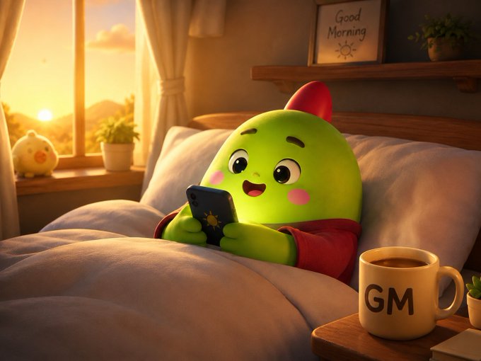 A cheerful green blob-like character with a red mohawk relaxes under cozy blankets while smiling at a phone, accompanied by a "GM" mug and a "Good Morning" sign in a sunlit bedroom. The image perfectly captures the "GM" (Good Morning) crypto Twitter sentiment referenced in the post about @sleepagotchi, visualizing the warm, welcoming vibe of the morning greeting tradition.