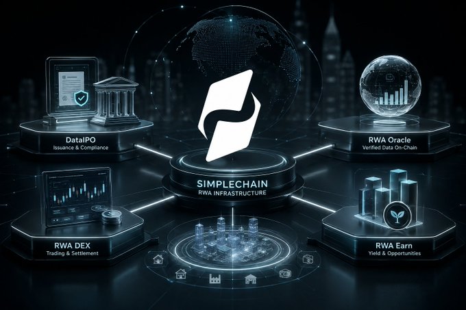 A dark-themed promotional graphic for "SIMPLECHAIN RWA INFRASTRUCTURE" showing interconnected pillars for DataIPO, RWA Oracle, RWA DEX, and RWA Earn surrounding a central logo.