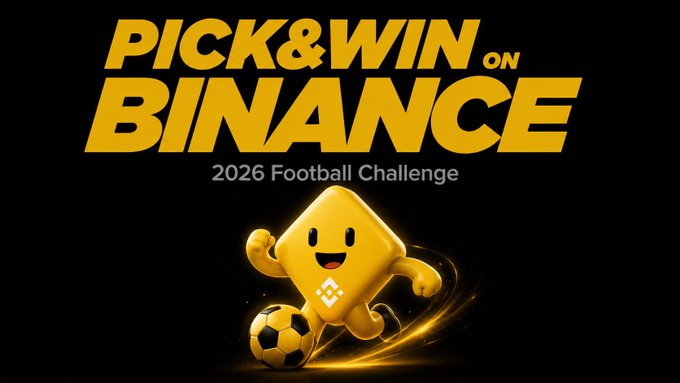 The image features a poster for a football challenge called "pick & win on binance". The poster has a black background with yellow text that reads "pick & win on binance" at the top, followed by "2026 Football Challenge" in white letters below. Below this, there is an illustration of a soccer ball and a cartoon character representing a player kicking a soccer ball. The title of the challenge is written in white text above the image.