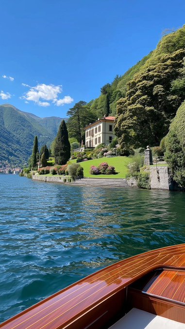 A scenic view from a wooden boat on a lake, looking toward an elegant villa surrounded by lush gardens and mountains under a blue sky, likely Lake Como in Italy.