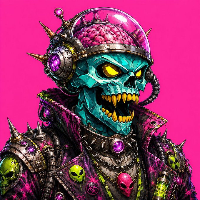 A cyberpunk-style illustration features a turquoise skeletal figure with glowing yellow eyes and sharp teeth, wearing a spiked helmet with an exposed pink brain under a transparent dome, set against a vibrant pink background.