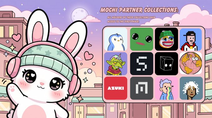 The image features a cartoon rabbit wearing headphones, standing next to a pink background that displays various cartoon characters and logos related to the Mochi Partner Collections app. The text above the rabbit reads "Mochi Partner Collections" and below the rabbit says "All of these are available for download." This suggests that the app is in its early stages of release or has just been updated, offering users access to a variety of cartoon characters and logos from different collections.