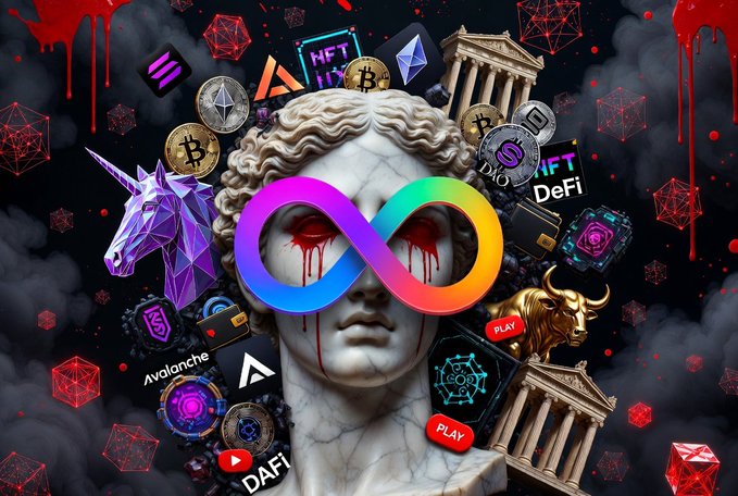 This image displays a chaotic collage featuring a classical marble bust with a rainbow infinity symbol over its bleeding eyes, surrounded by crypto logos like Bitcoin (BTC), Solana (SOL), and Avalanche, along with text reading 'NFT', 'DeFi', 'Avalanche', and 'DAFI' amidst red blood drips and geometric shapes.