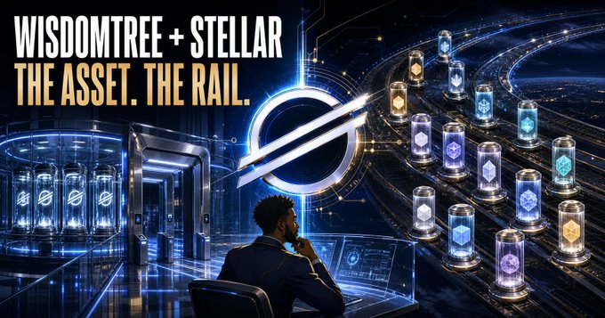 Promotional graphic reading 'WISDOMTREE + STELLAR THE ASSET. THE RAIL.' featuring a person viewing a Stellar-themed display of digital assets.