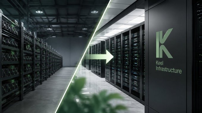 Split-comparison image of a data center with a green arrow showing transition from old server racks (left) to 'Kee Infrastructure' branded racks (right).