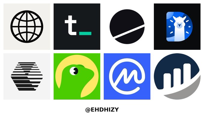 A grid of eight abstract or minimalist crypto/tech app icons in various shapes and colors, credited to @EHDHIZY.