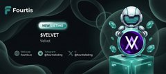 A green, purple, and white logo with a robot or robot character on top of a block tower. The caption underneath reads: "Pump alert #Fourtis #Velvet - ( @velvet_capital ) is now up 800% since listing on Fourtis!".