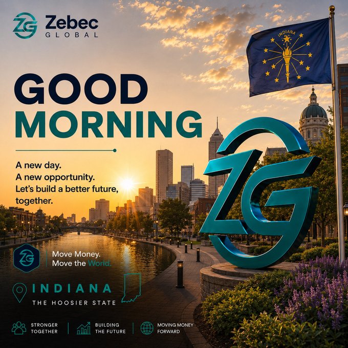 A sunrise over the Indianapolis skyline with the Indiana state flag flying, featuring "GOOD MORNING" text alongside Zebec Global's teal "ZG" logo and the tagline "INDIANA - THE HOOSIER STATE," complementing the post's message about a new day of building together in Indiana.