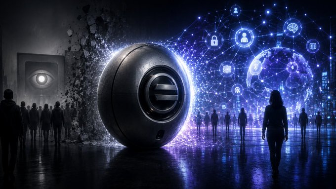 A digital artwork depicts a metallic sphere with an 'e' symbol splitting open to reveal glowing blue networks, digital icons, and silhouettes of people in a futuristic cityscape.