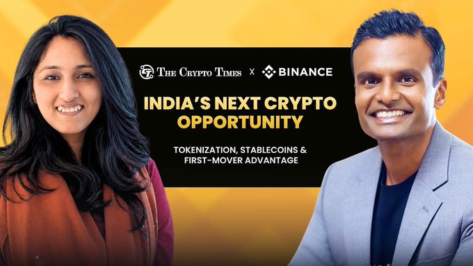 A promotional graphic titled "INDIA'S NEXT CRYPTO OPPORTUNITY - TOKENIZATION, STABLECOINS & FIRST-MOVER ADVANTAGE" featuring two hosts from The Crypto Times x Binance.
