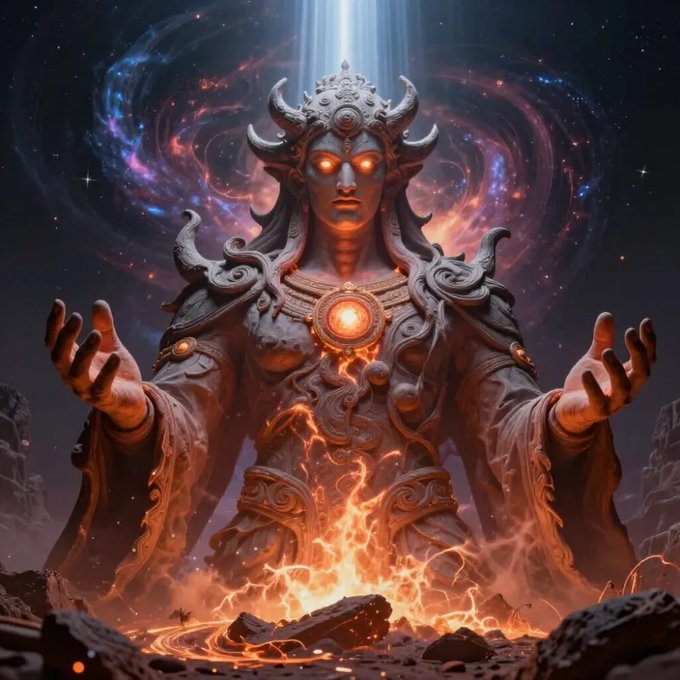 A digital artwork depicts a towering, multi-armed demonic figure with glowing orange eyes and a horned headdress, surrounded by cosmic nebulae and erupting molten lava from its chest.