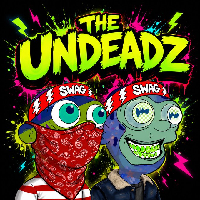 A vibrant, neon-colored graphic titled 'THE UNDEADZ' features two cartoon zombie characters wearing red 'SWAG' hats, one with a paisley bandana and the other with green skull sunglasses, against a black background with paint splatters and lightning bolts.