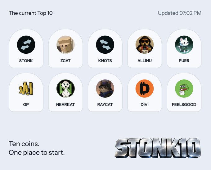 A promotional graphic for "STONK10" displays "The current Top 10" as of 07:02 PM, featuring airdrop tokens STONK, ZCAT, KNOTS, ALLINU, PURR, GP, NEARKAT, RAYCAT, DIVI, and FEELSGOOD, with the tagline "Ten coins. One place to start." This visual supports the post's claim about the Stonk10 platform airdropping the top 10 stonk tokens and offering holders a continuous cycle of 18+ airdrops.