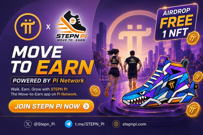 A vibrant purple promotional banner for "STEPN PI," a "MOVE TO EARN" app "POWERED BY Pi Network," featuring the STEPN PI shoe logo, an "AIRDROP FREE 1 NFT" badge, illustrations of two runners and a stylized sneaker, along with social handles (@Stepn_Pi, t.me/STEPN_PI) and the website "stepnpi.com," paired with a call-to-action reading "JOIN STEPN PI NOW."