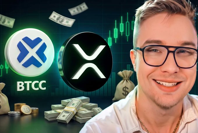 A smiling man wearing glasses and a white shirt stands beside the logos for 'BTCC' and 'XRP' (Ripple), with illustrations of money bags, coins, and a stock chart in the background.