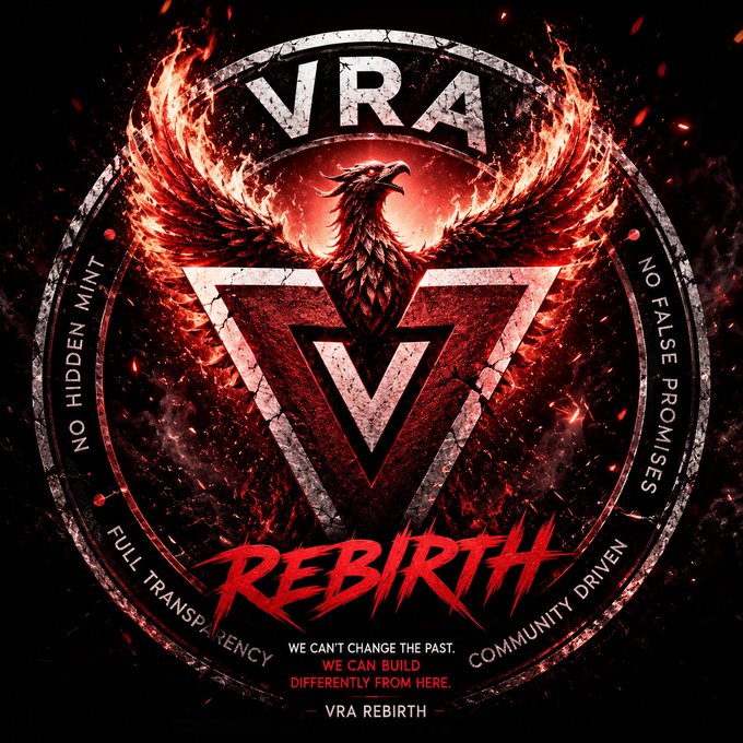 A graphic logo features a fiery phoenix with the text 'VRA REBIRTH' and phrases including 'NO HIDDEN MINT', 'NO FALSE PROMISES', 'FULL TRANSPARENCY', and 'COMMUNITY DRIVEN'.