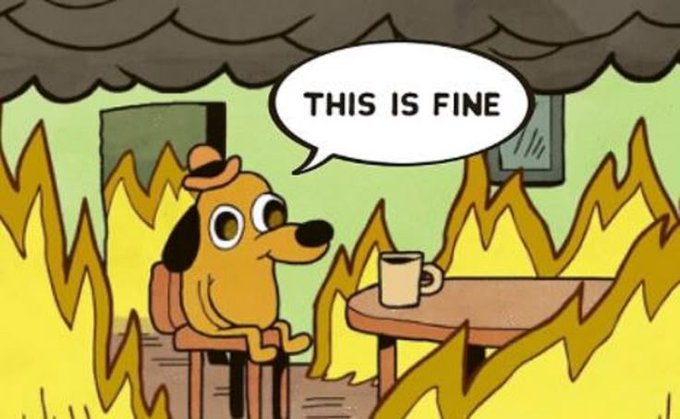 The 'This Is Fine' meme showing a cartoon dog wearing a hat sitting at a table with a coffee mug, surrounded by flames, saying 'THIS IS FINE'.