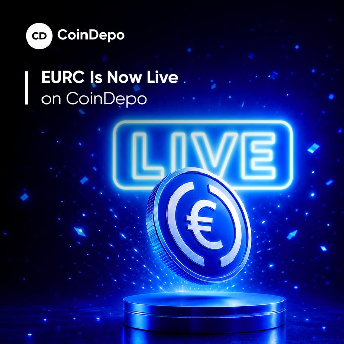 Promotional graphic for CoinDepo announcing 'EURC Is Now Live on CoinDepo,' featuring a glowing blue euro coin and neon 'LIVE' sign.
