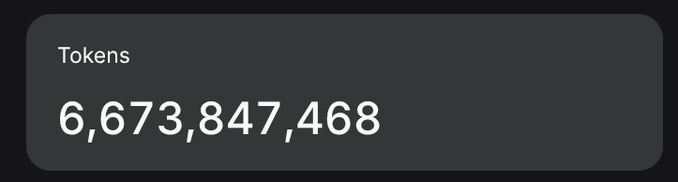 A dark interface displaying 'Tokens' with a count of '6,673,847,468'.