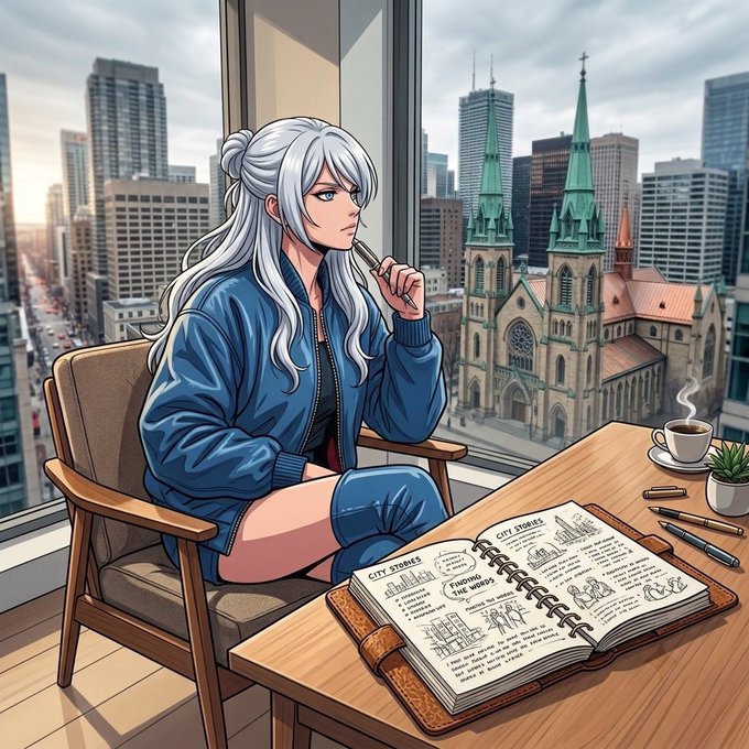 A silver-haired anime-style woman in a blue jacket sits thoughtfully in a high-rise chair overlooking a cityscape with a Gothic cathedral, sketching in a notebook labeled "CITY STORIES" alongside coffee and pens—a contemplative scene reflecting the post's introduction of @EthraShip's grounded, story-driven approach to RWA tokenization built on Ethra Invest's established shipping history.