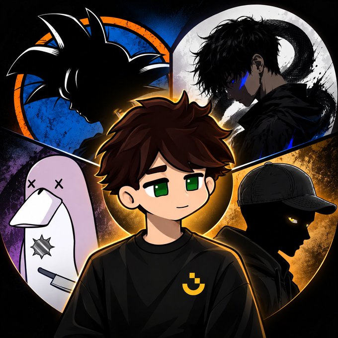 A colorful digital artwork featuring a central chibi-style boy with green eyes, surrounded by four circular portraits containing a silhouetted anime character, an anime boy with blue eyes, a silhouette of a bird-like figure with X eyes, and a shadowy figure in a cap.