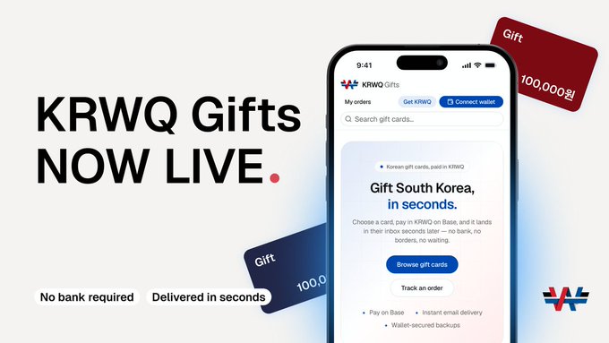 A promotional graphic for "KRWQ Gifts NOW LIVE" showing a smartphone displaying the app interface with the tagline "Gift South Korea, in seconds," alongside red gift cards and notes requiring no bank with delivery in seconds.