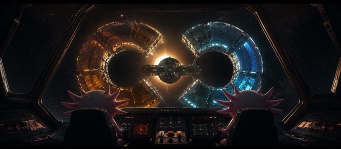 A sci-fi scene from a spaceship cockpit looking out a viewport at two large illuminated ring-shaped space stations orbiting a star, creating a shape reminiscent of an infinity symbol against the starry backdrop.