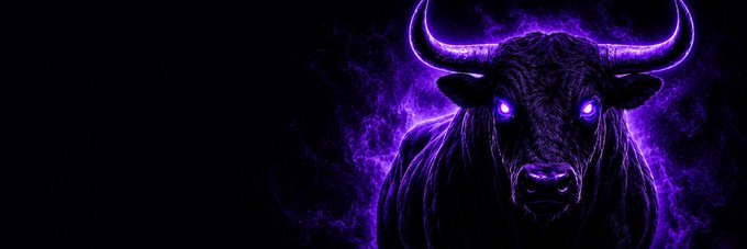 A stylized digital artwork features a fierce bull with glowing purple eyes and horns surrounded by purple energy flames against a black background.
