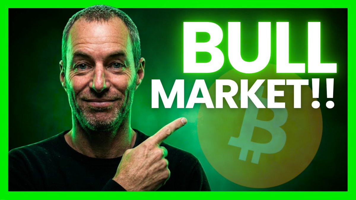 A man points excitedly at large text reading "BULL MARKET!!" next to a Bitcoin logo on a green background.