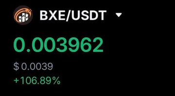 A cryptocurrency price display showing 'BXE/USDT' at 0.003962 with a +106.89% gain.