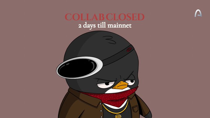 A cartoon character dressed as a bandit in a black balaclava, goggles, and red bandana stands below text reading 'COLLAB CLOSED 2 days till mainnet'.